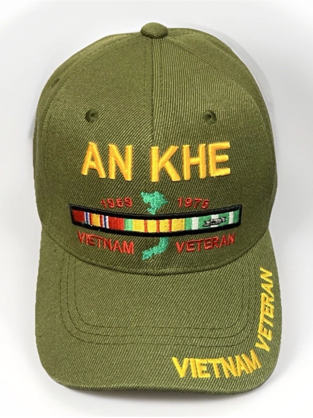 An Khe Vietnam Combat Veteran Authentic Ribbons Military Green Ball Cap Hat